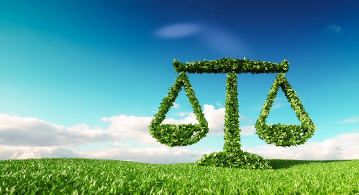 3D-Rendering eines Waagensymbols auf einer frischen Frühlingswiese vor blauem Himmel.