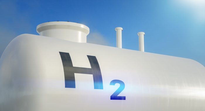 A 3D rendering of a modern hydrogen tank for renewable energy.